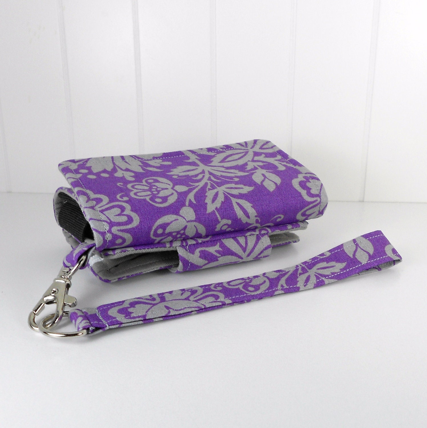 The Errand Runner - Cell Phone Wallet - Wristlet - for iPhone/Android - Purple and Gray Floral/Gray