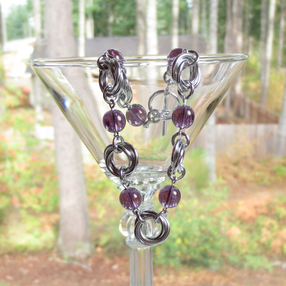 Lilac Purple Czech Glass Mobius Flower Love Knot Bracelet Chainmaille Jewelry