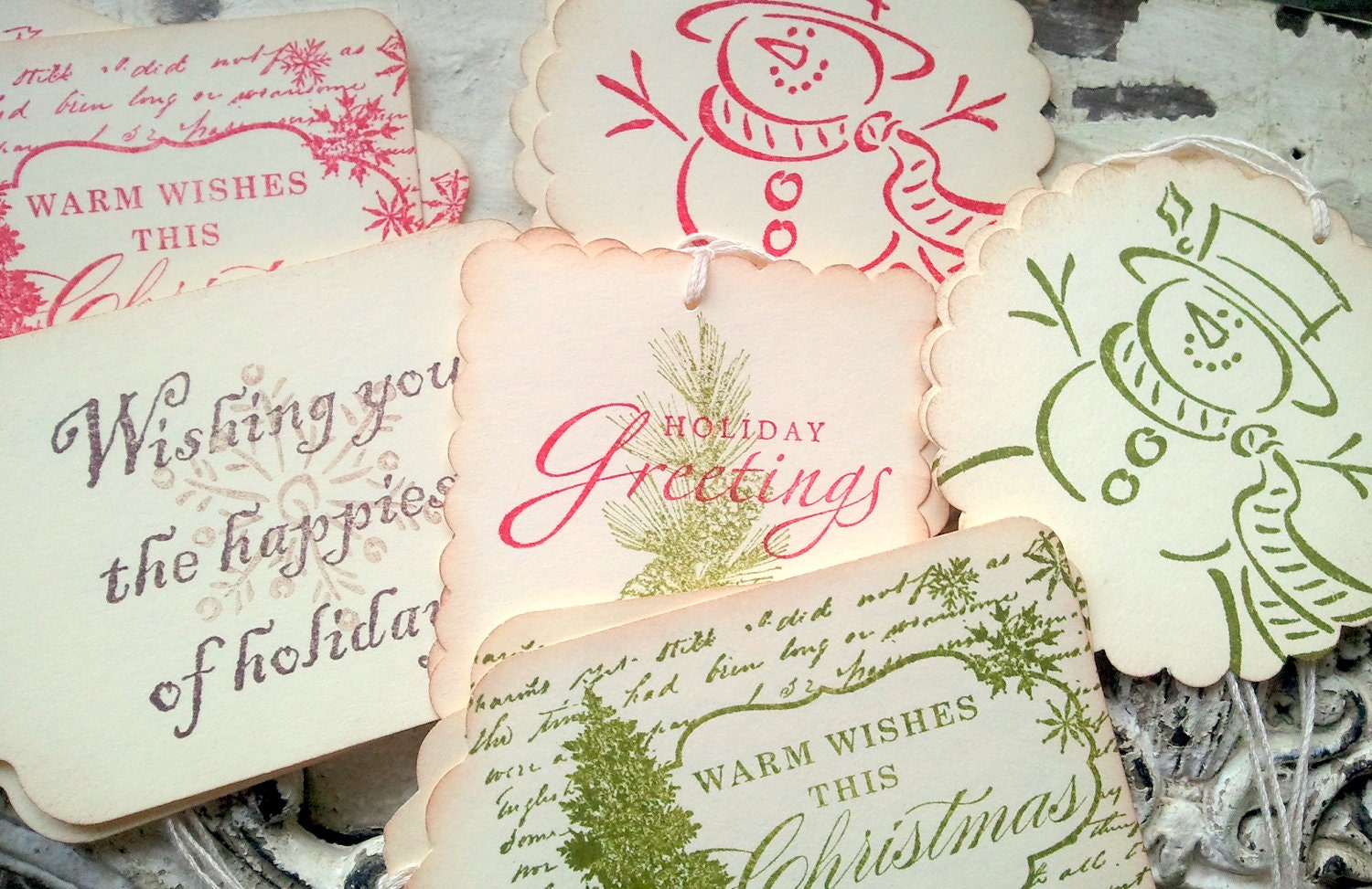 Christmas Tag Set, Christmas Gift Tag Sampler, Stamped Tags, Holiday Gift Wrap, Snowman Tags, Set of 12