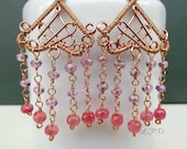Handmade Wire Wrapped Copper And Sterling Silver Chandelier Earrings With Pink Topaz And Pink Grapefruit Chalcedony Stones.