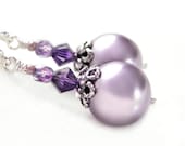 Lavender Pearl Earrings Sterling Silver Swarovski Amethyst Crystal Earrings Plum Grape Mauve Violet Lilac Earrings - DorotaJewelry