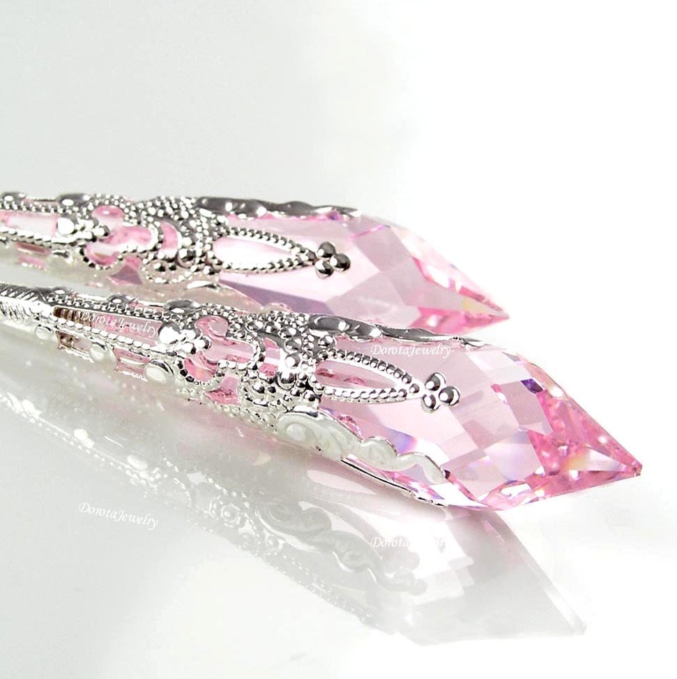 Pink Crystal Earrings Sterling Silver Rose Pink Swarovski Crystal Earrings Pale Pink Teardrop Earrings Gothic Icicle - DorotaJewelry