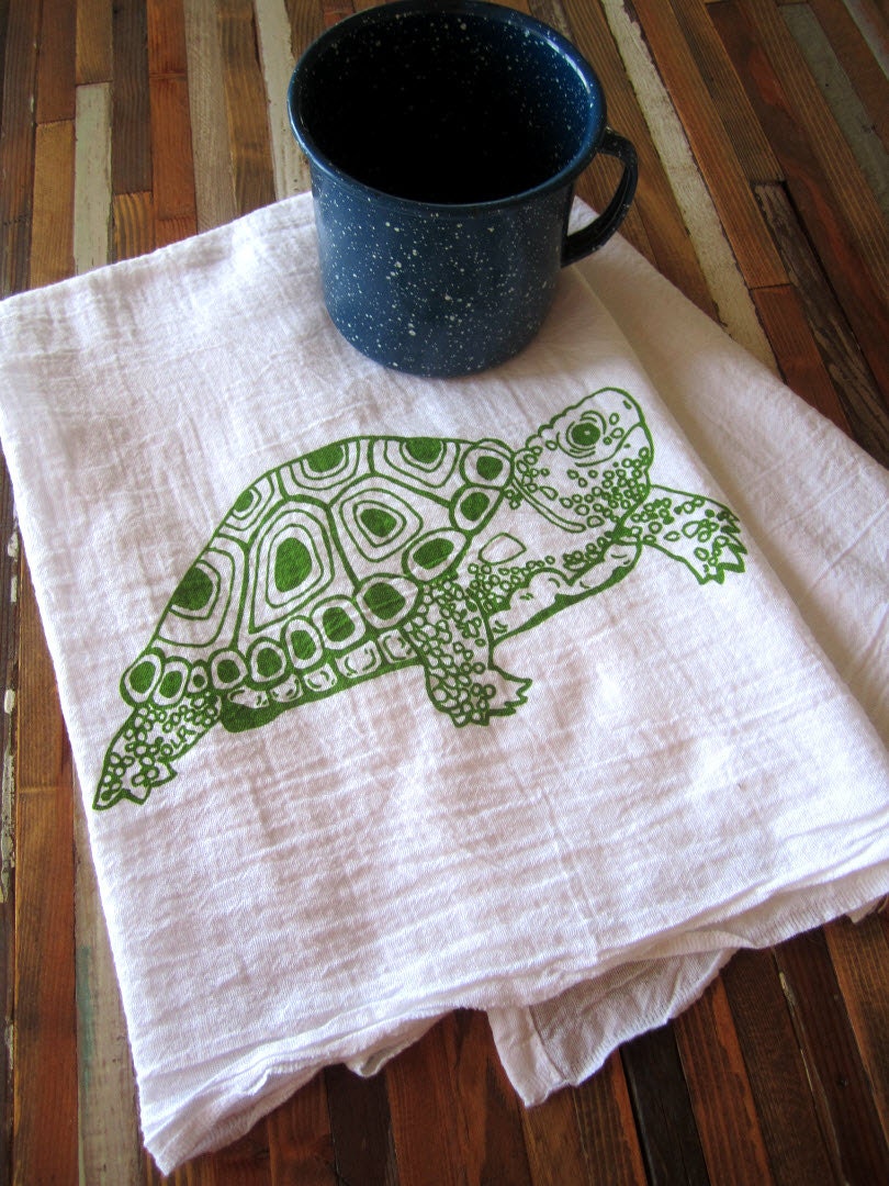 Tea Towel - Screen Printed Organic Cotton Flour Sack Towel  - Eco Friendly Kitchen Towel - Soft and Absorbent - Turtle Illustration