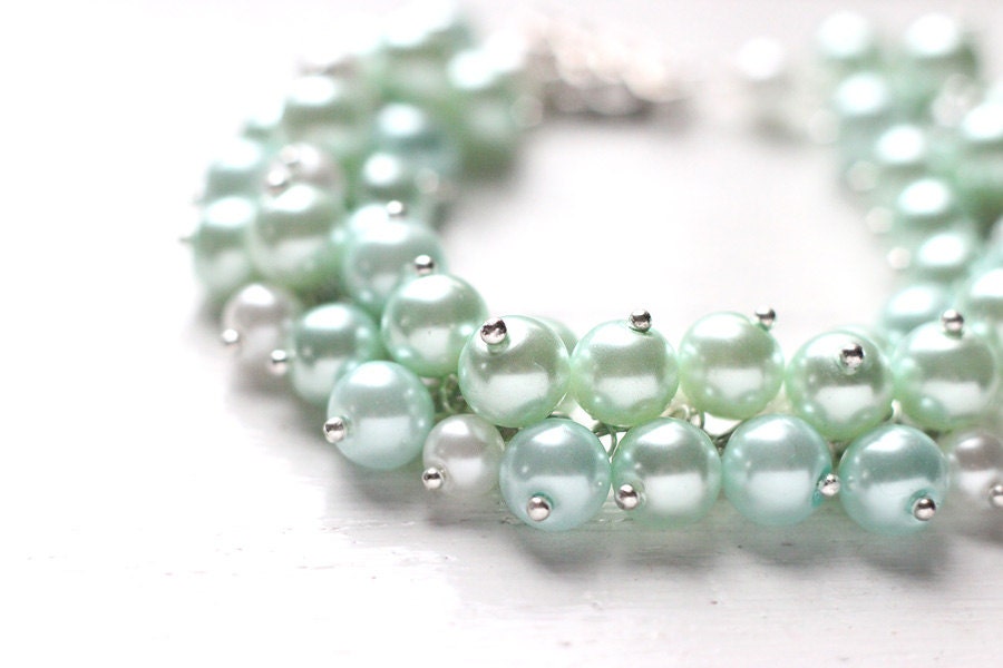 Mint Green Bridesmaids Jewelry Pearl Cluster Bracelet - Sweet Mint, Mint Color Spring Wedding