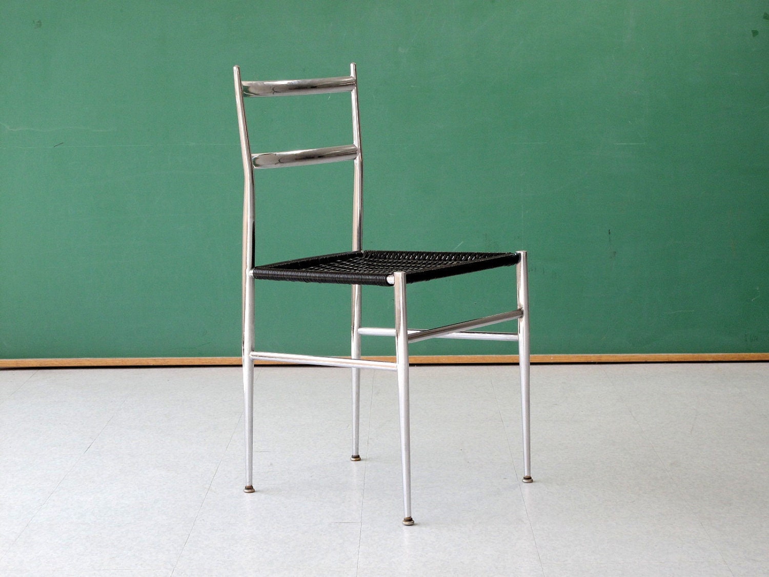 Gio Ponti-Style "Superleggera" Chair, Chrome Frame with Black Woven Seat, Vintage, 1960's