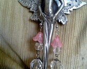 Pink and Clear Crystal and Frosted Flower Bell Dangle Earrings
