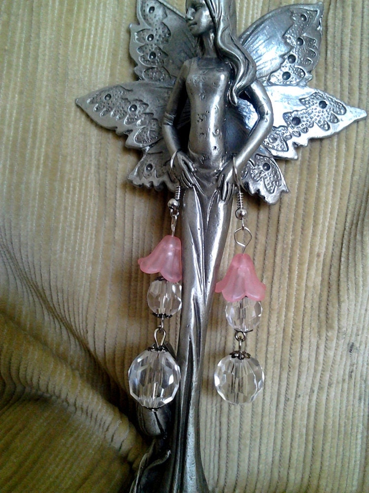 Pink and Clear Crystal and Frosted Flower Bell Dangle Earrings