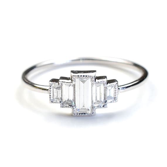 Diamond Engagement Ring, Engagement Ring, Baguette Engagement Ring, Baguette Diamonds and White Gold, Vintage Art Deco Style Ring, Nixin