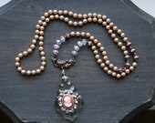 Peaches and Cream Vintage Cameo on Crystal and Pearl Necklace