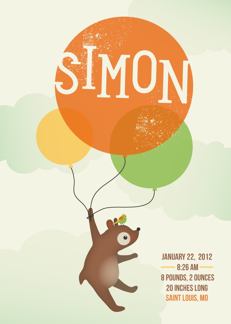 Personalized children's art features a bear and a tiny bird hanging from balloons with your newborn's name and birth stats
