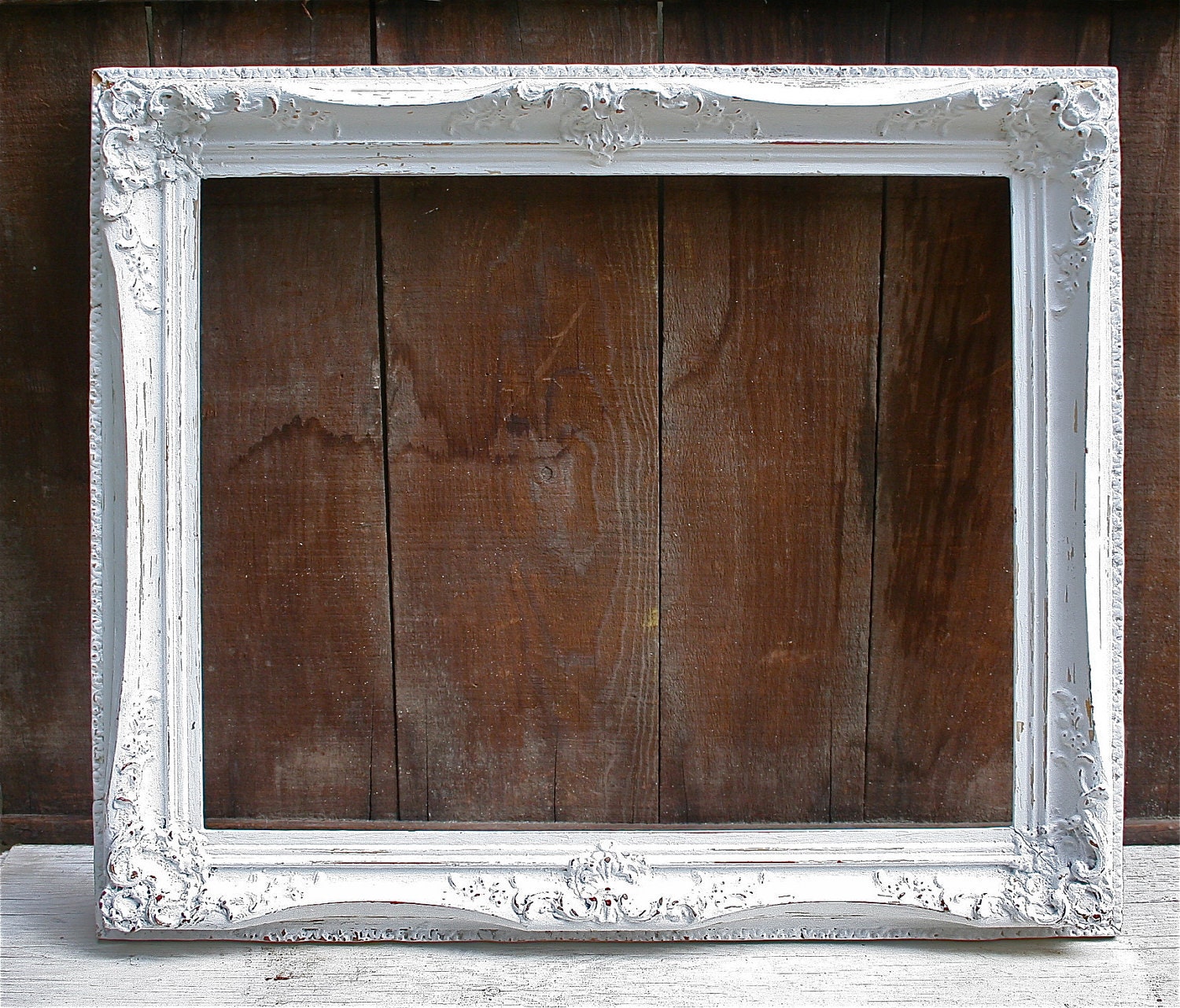 LARGE Antique Wood Upcycled White Distressed Frame - Very Ornate
