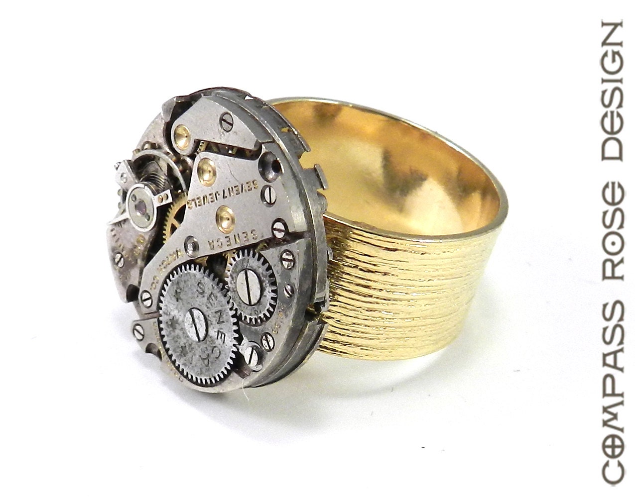 STEAMPUNK Ring Clockwork Antique Omega Watch Movement Silver and Gold Gears on Etched 14K Gold Plate Band