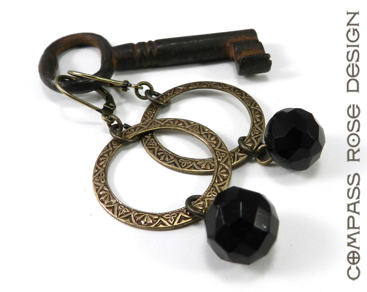 Victorian Mourning Button Earrings Antique Black Carved Glass Filigree Circle Vintage Drop Buttons Earring Handmade by Compass Rose Design