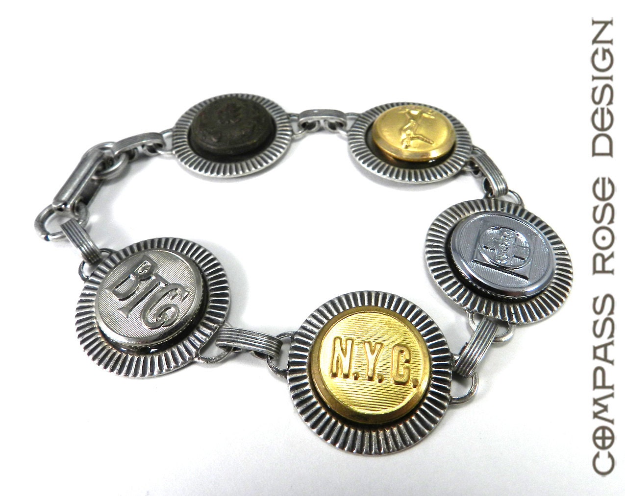 Antique Railroad Button Bracelet - Uniform Button Collection - Silver Bracelet - NYC - Santa Fe - Baltimore - Post Office