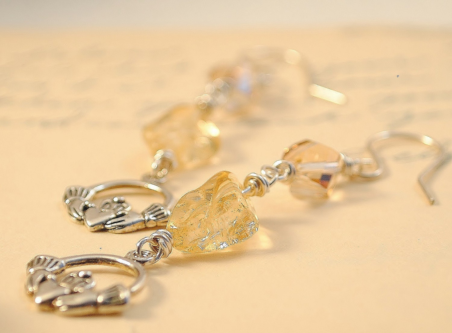 Sale Claddagh Earrings with Citrine Nuggets and Swarovski crystals was 30 now 20