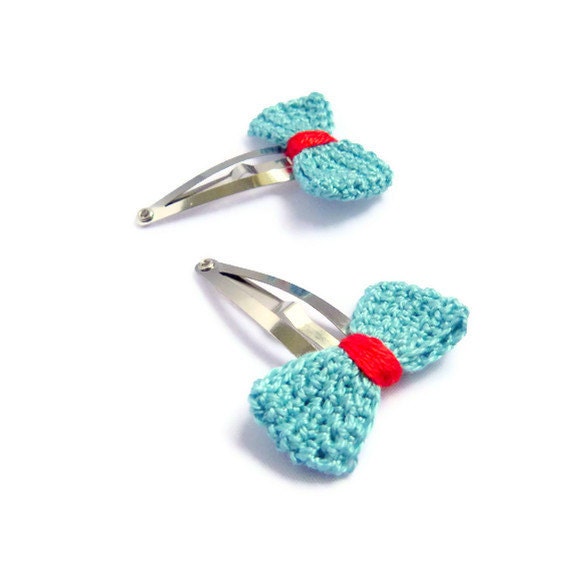 Blue Bow Crochet Hair Clips Silver Snap Hairclip Turquoise Red Neon Accessory
