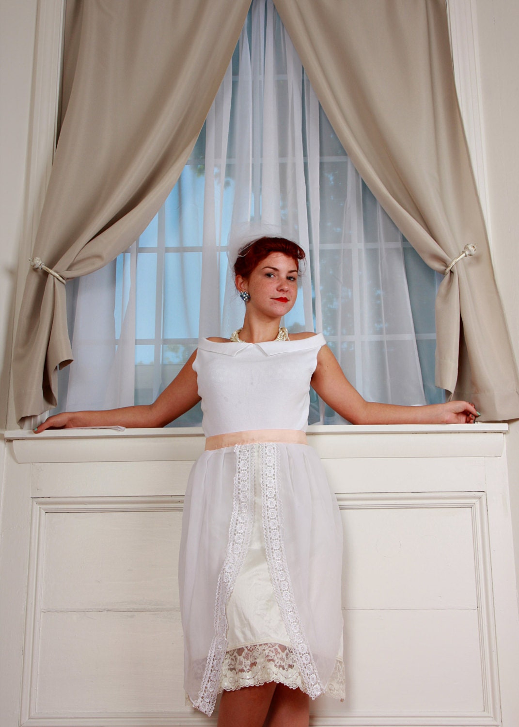 Bridal white apron with peach waist band
