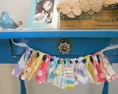 Rag Garland Cake Bunting/ Fabric Torn Garland /Shabby/  Photo Prop/ First Birthday high chair banner /Wedding/ Pinks Yellow Aqua Purple