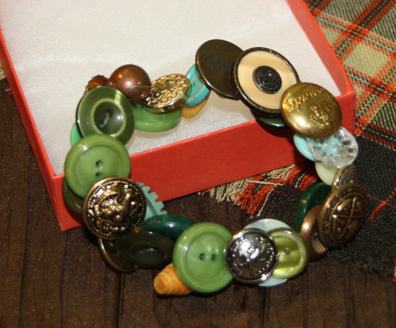 Vintage brass button charm bracelet, green, yellow, wooden