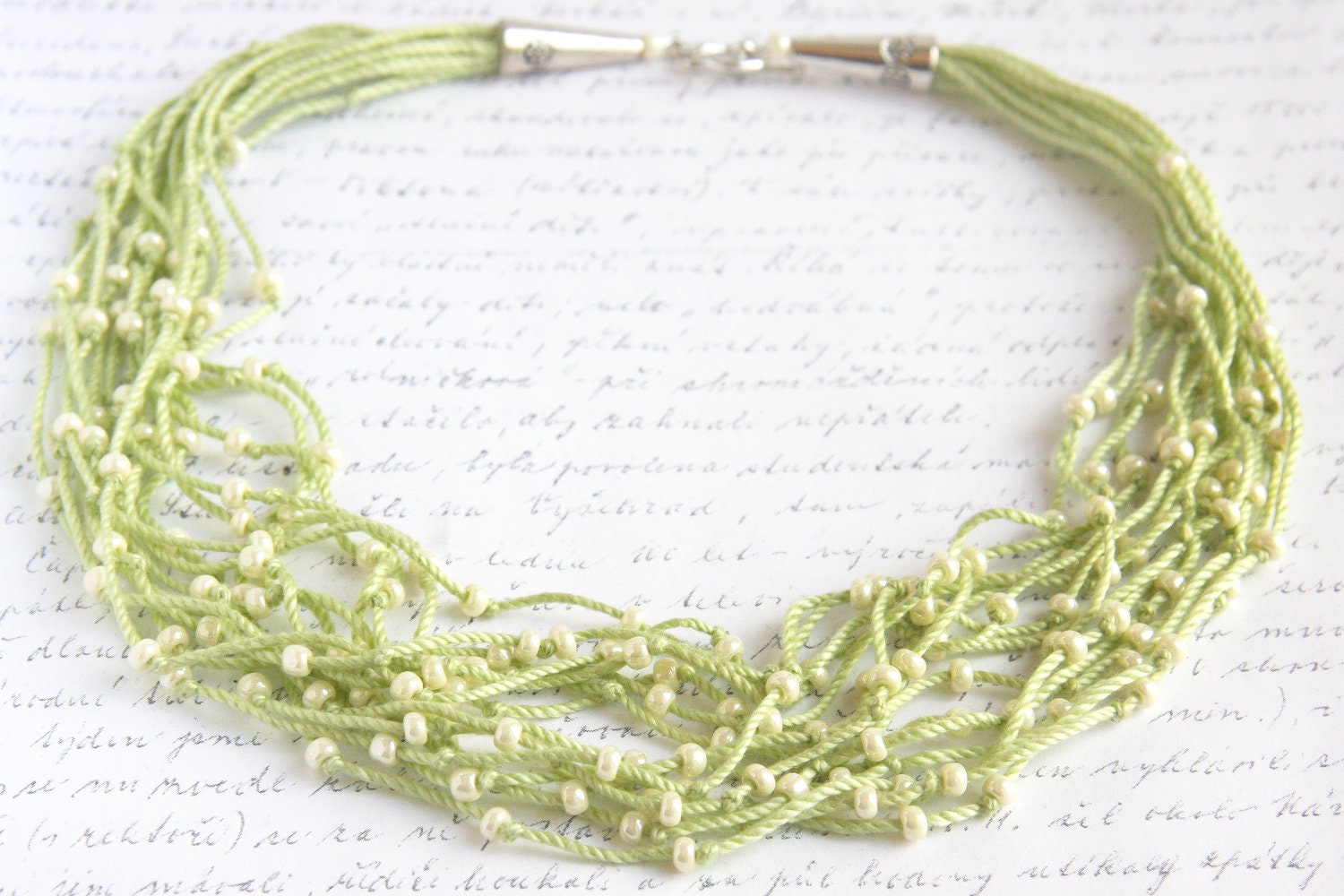 Multi Strand Necklace, Natural Cotton,  Light Green Beads, Bird Nest Fiber, Eco Friendly, Neutral Soft Yellow Green, 2nd WEDDING ANNIVERSAR