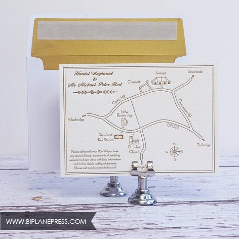 Letterpress Wedding Directions Card - Oak & Fireflies