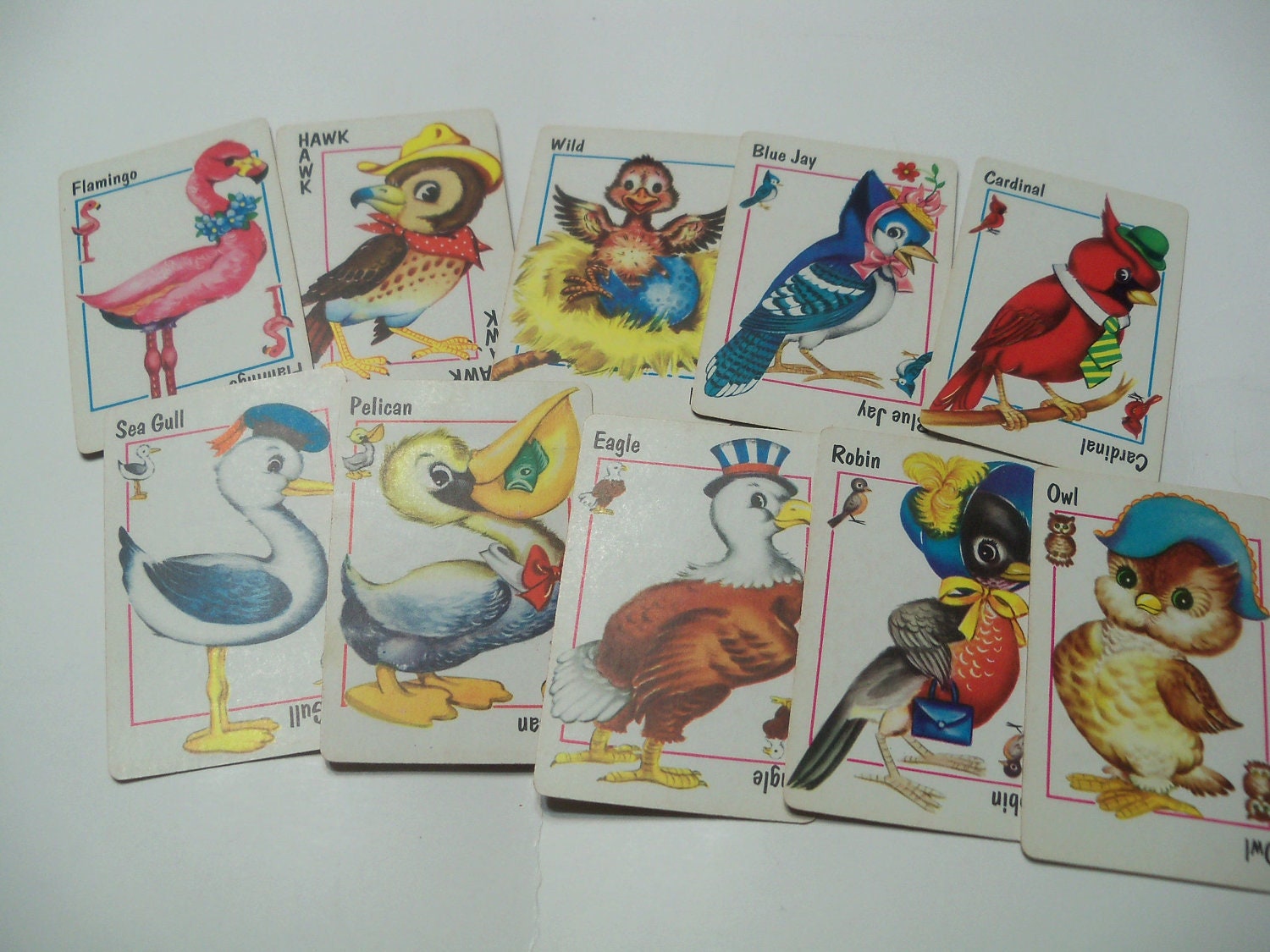 Vintage Childrens Playing Cards-Scrapbooking-Altered Art-GREAT LOT-7 pieces-Birds-Whitman Hawk Game