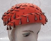 Vintage 1950s Hat Coral Beads Copper Felt Lucy Joni New York
