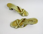 1960s Polly Shoes Gold Metallic Mules by the Famous Polly of California 7.5 8