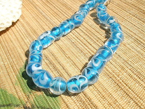 Clear aqua blue white swirl lampwork glass beads tube oval mix shape