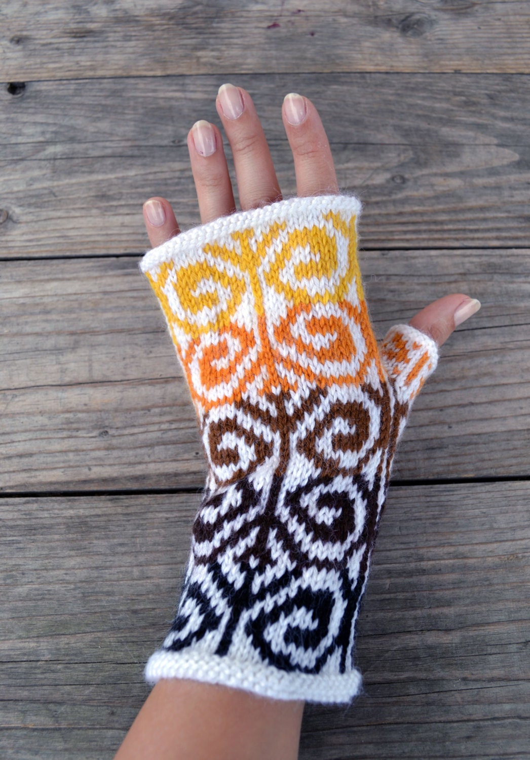 Wool Arm Warmers - Hand-knit Fingerless Gloves- Yellow and Brown Fingerless Mittens - Fall Winter Accesories nO 68.