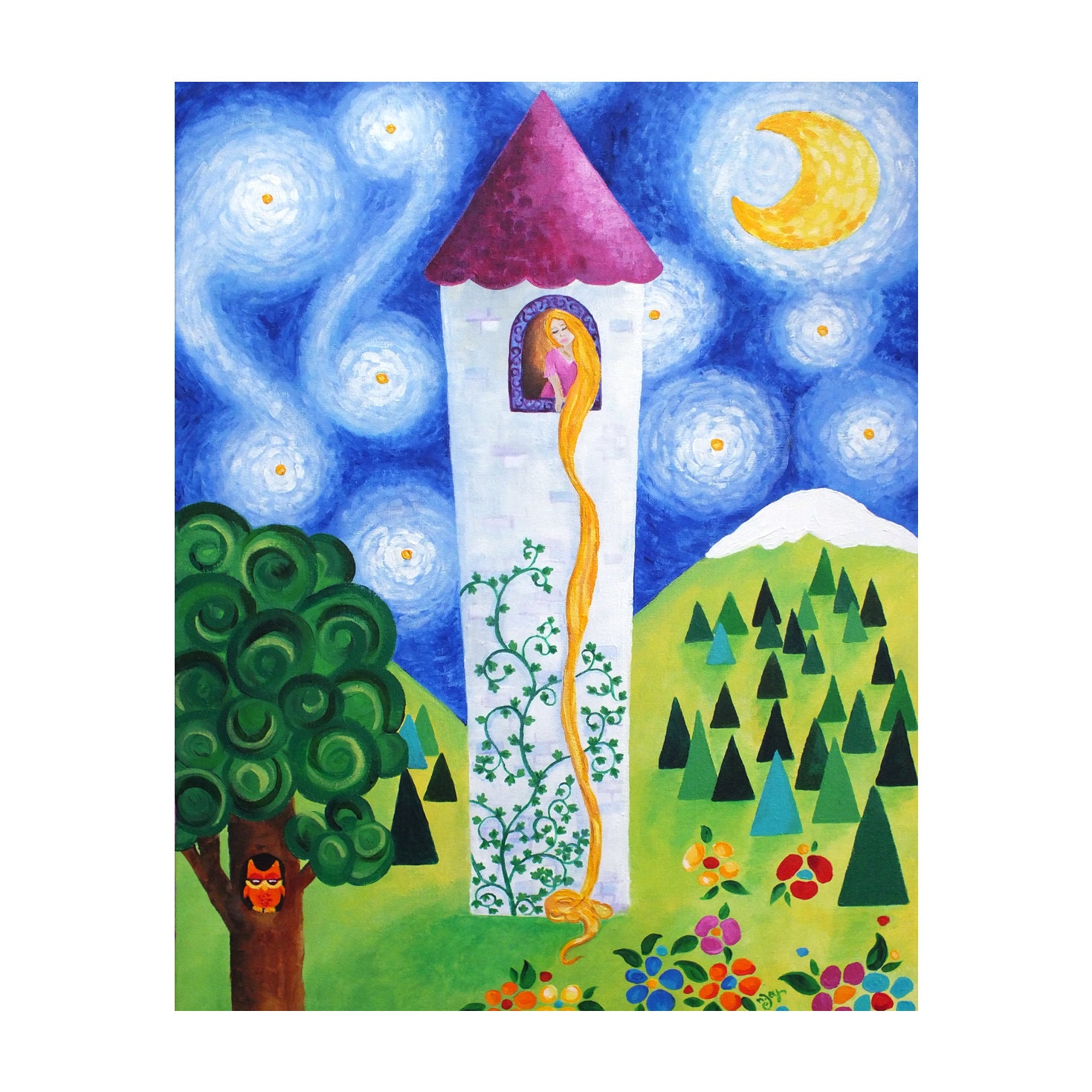 Girls Room Wall Art PRINT, Rapunzels Tower, 16x20, Childrens Decor, Princess Theme