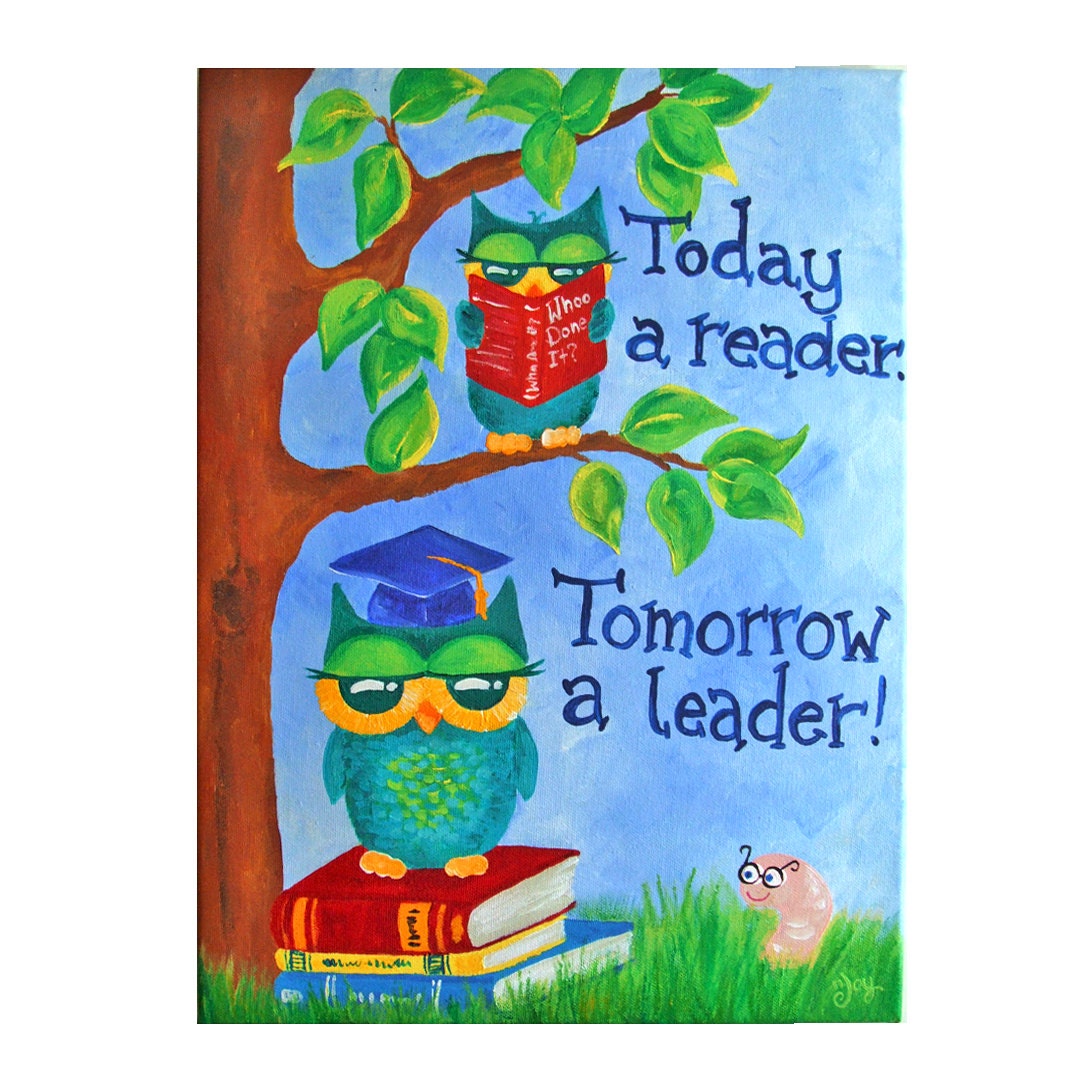 Art for Kids, Today a READER Tomorrow a LEADER, Owls,12x16 Canvas, Inspirational Wall Art, Child's Room Decor, Classroom Art
