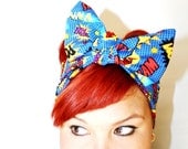 Bow hair tie, Vintage Inspired Head Scarf, Comic book, SLAM POW ZAP