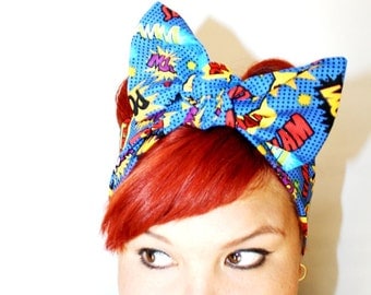 Bow hair tie, Vintage Inspired Head Scarf, Comic book, SLAM POW ZAP