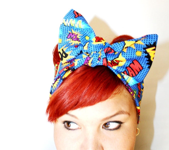 Bow hair tie, Vintage Inspired Head Scarf, Comic book, SLAM POW ZAP