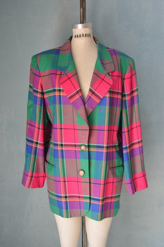 Vintage 80s Unisex BILL BLASS Pink & Green Plaid Blazer Jacket