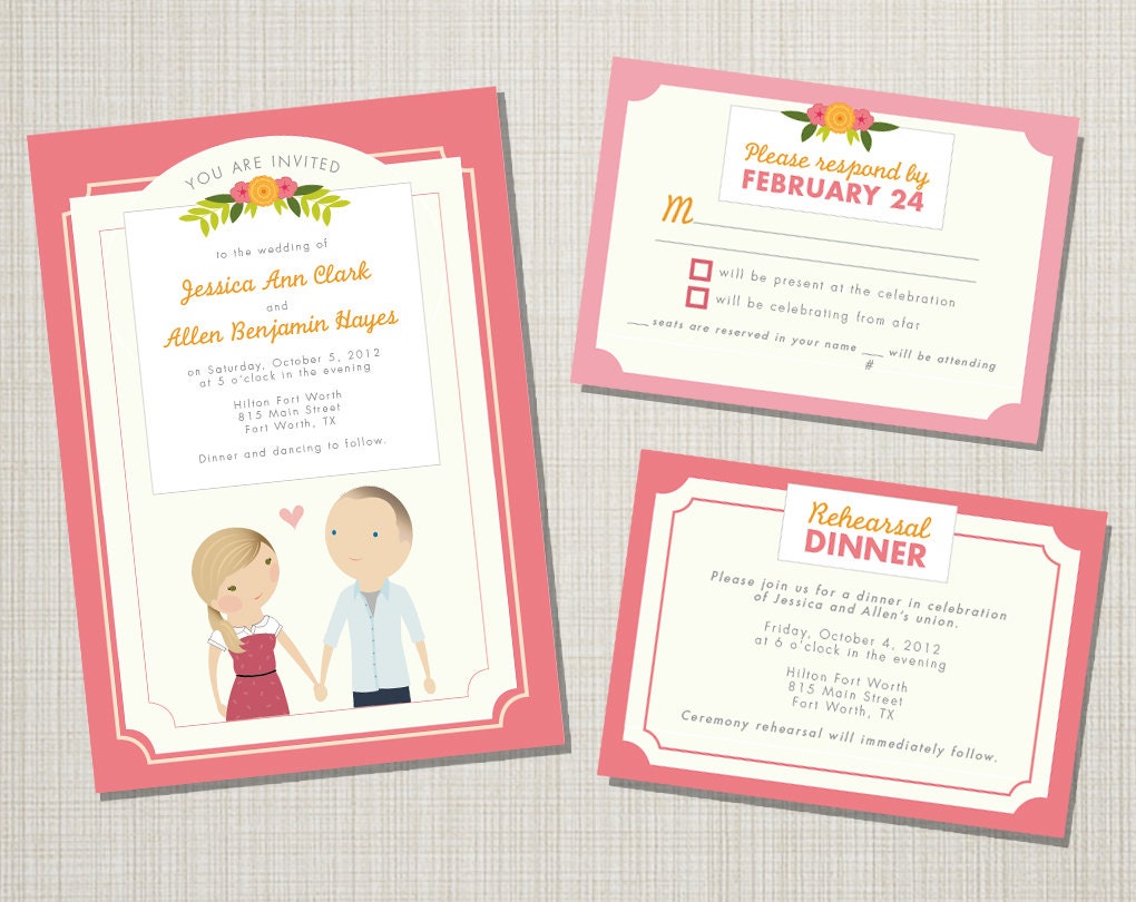 Wedding Invitation Suite Custom Cartoon printable design - Mimosa design