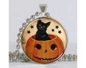 Halloween Black Cat in a Pumpkin Necklace with Chain Altered Art Pendant Resin Pendant Picture Pendant Art Pendant Photo Pendant