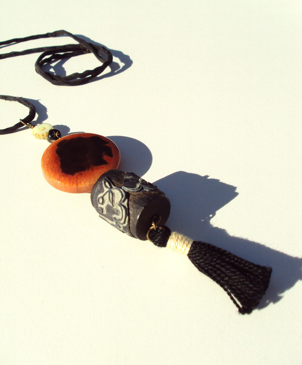 Upcycled Necklace, Vintage French, Long Necklace, Bohemian, Indie, Black, Red, Persimmon