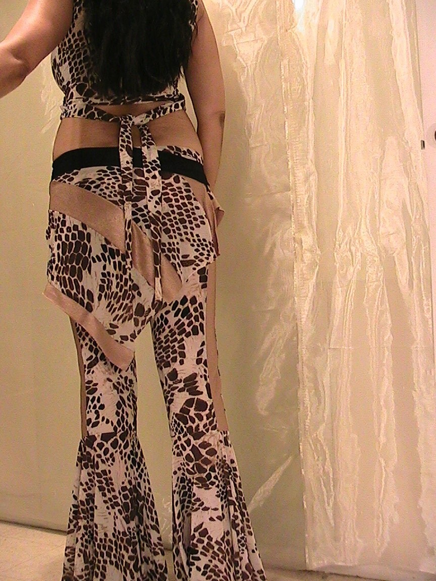 Tribal ATS bellydance and Festival flare pants, Skirt and Top in gold and animal print Lycra- SM-MED