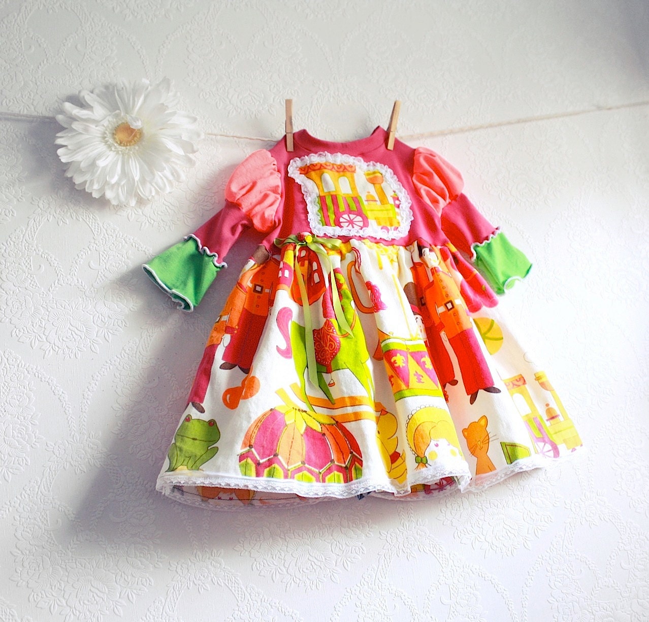 Neon Color Toddler Dress 2T Children's Clothing Vintage Girl's Dress Lime Green Bright Pink Birthday Party Upcycled Clothes 'CHELSEA'