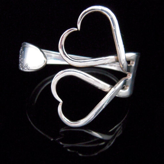 Unique Recycled Silver Fork Bracelet in Original Classic Double Heart Design