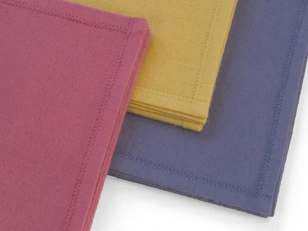 Set of 3 Organic Cotton Wedding Handkerchiefs in rosy pink, golden pineapple, and lavender