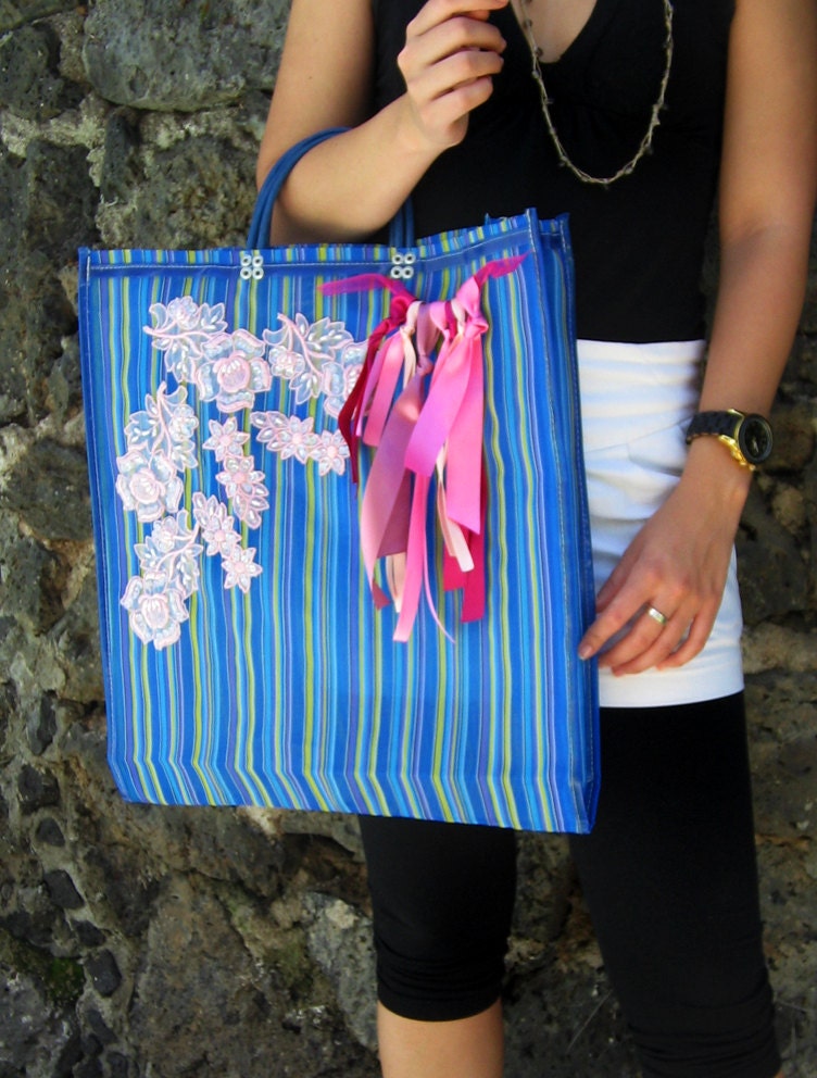 Big Colorful Mexican Net / Mesh Bag / tote / market bag (PINK and BLUE)