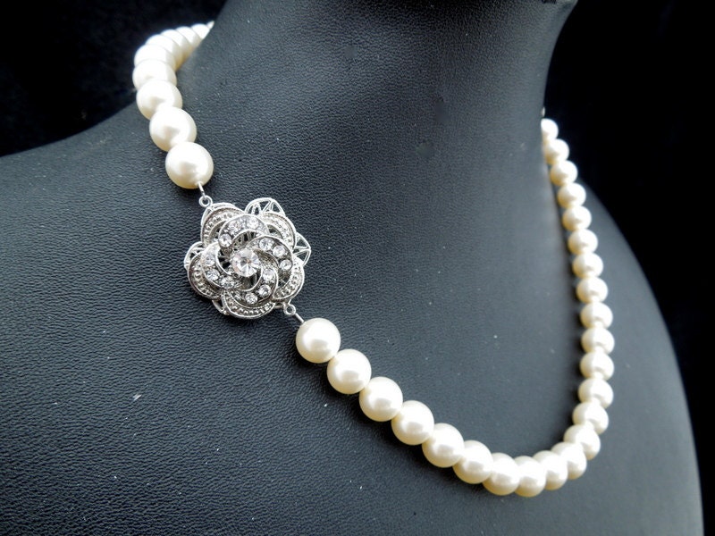 Bridal Pearl Necklace, Ivory Swarovski Pearls,Pearl Bridal Necklace,Pearl Rhinestone Necklace,Statement Bridal Necklace,Rose, ROSELANI
