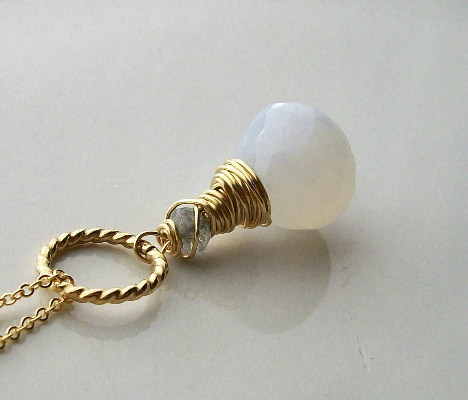 Snow Blossom - White Chalcedony and Labradorite Wire Wrapped Necklace, Gold Filled, Gemstone, Pendant