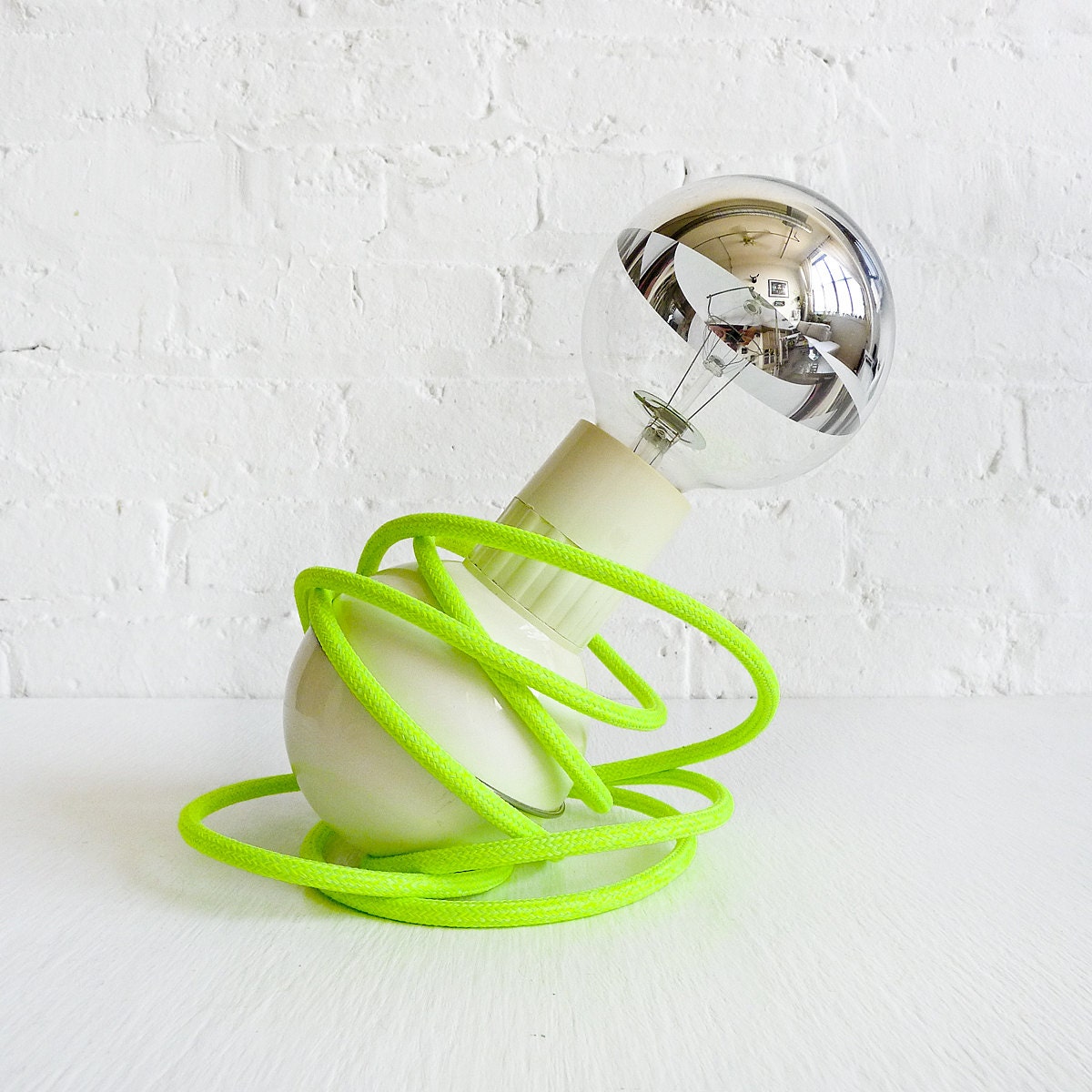 Retro Atomic Mid-Century Wobble Ball Light with Neon Yellow Green Color Cord