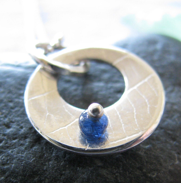 SEPTEMBER Sapphire Silver Leaf Disc Necklace on Ball Chain : September Birthstone