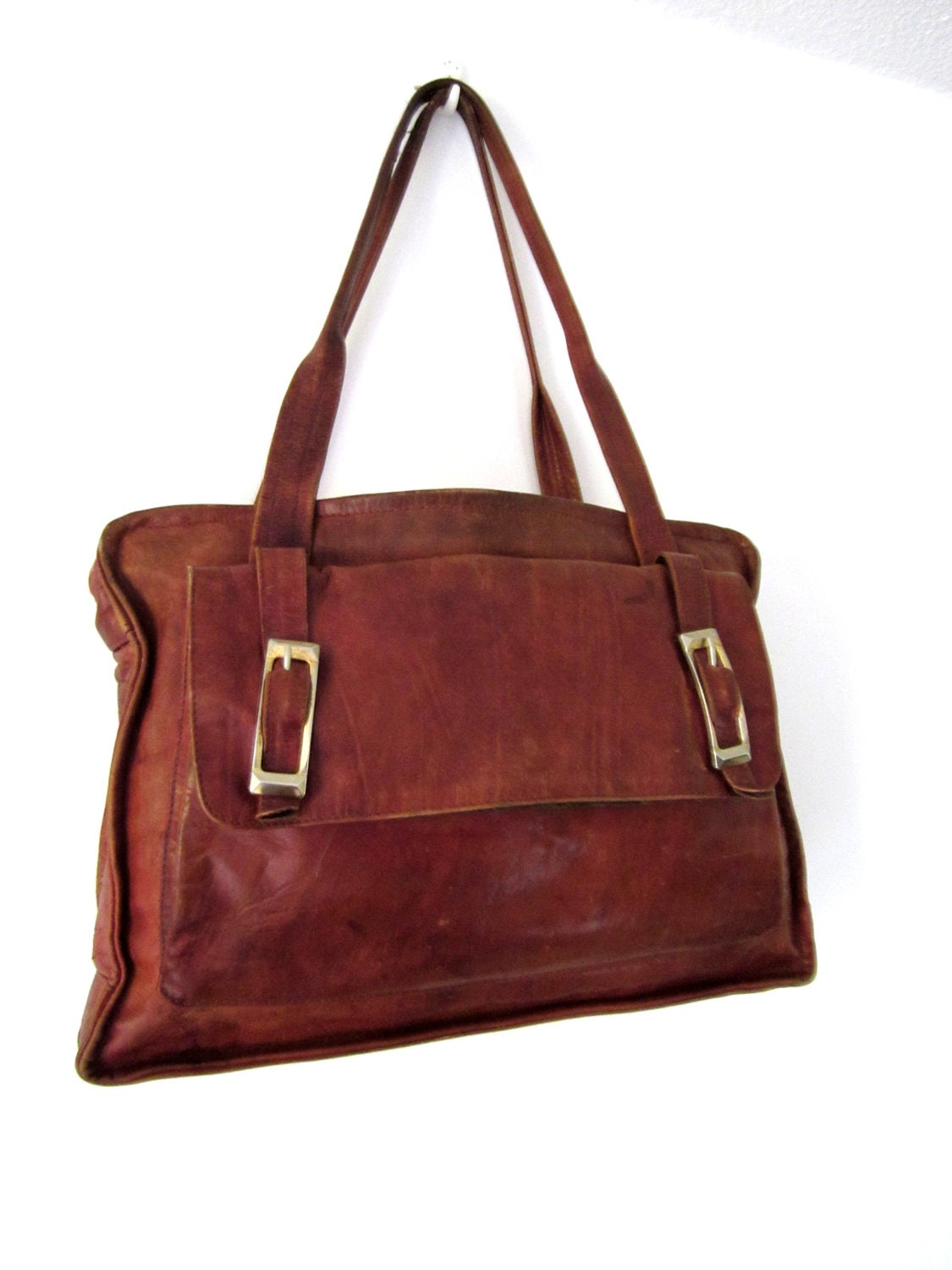 French Vintage brown leather large bag with goldy buckles