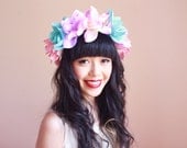 oversize pastel flower head crown - multicoloured floral headpiece, hair wreath, headband, statement, festival, valentines day, love.